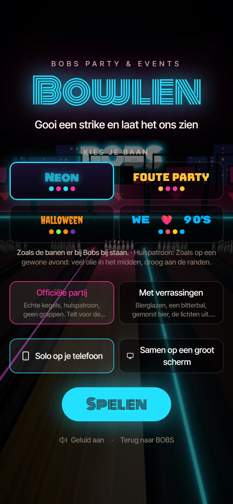 Het bowlingspel van Bobs Party & Events op een telefoon, met de keuze tussen solo spelen of samen op een groot scherm
