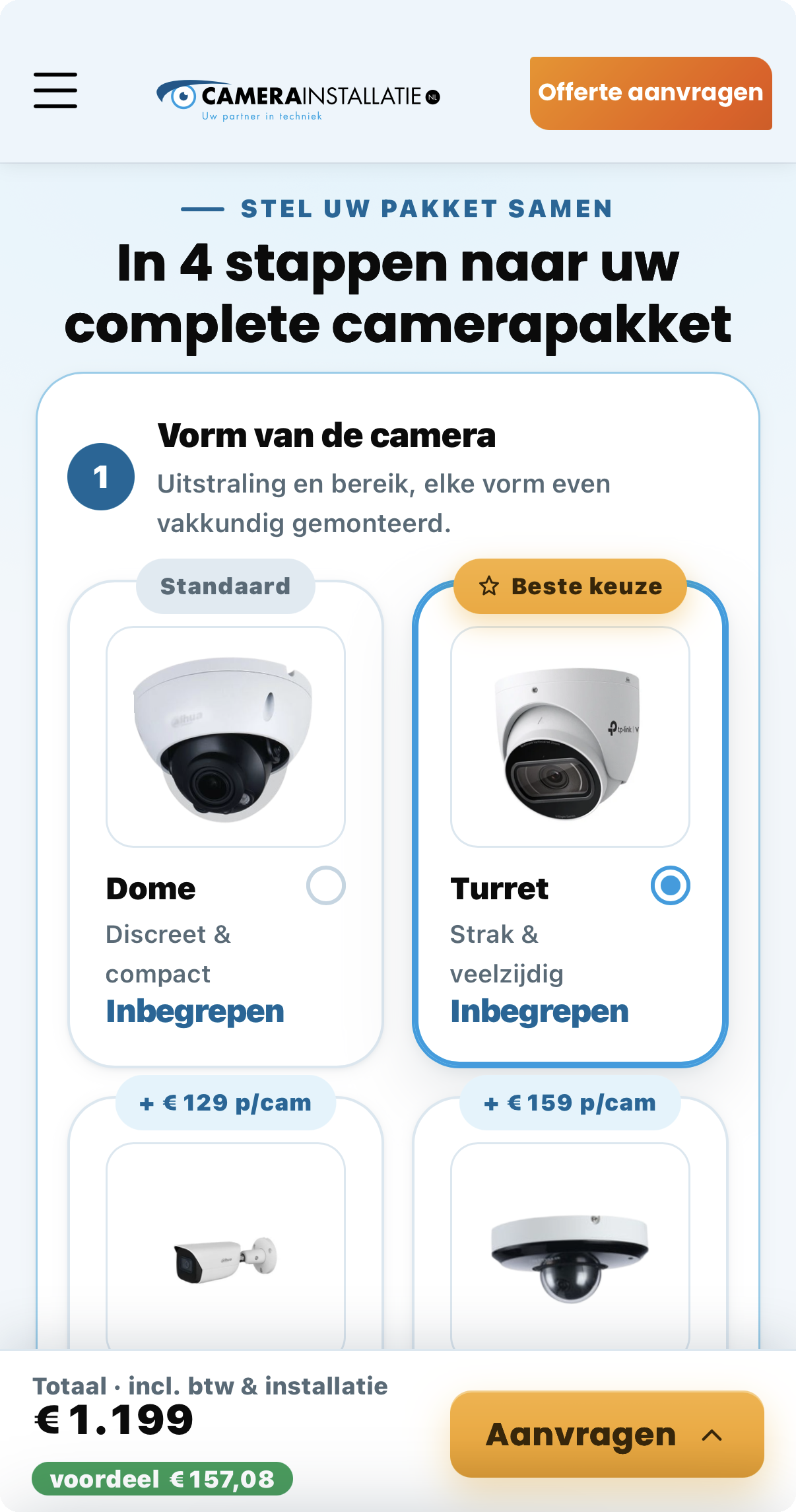 Schermafdruk waarin een klant zelf een camerapakket samenstelt