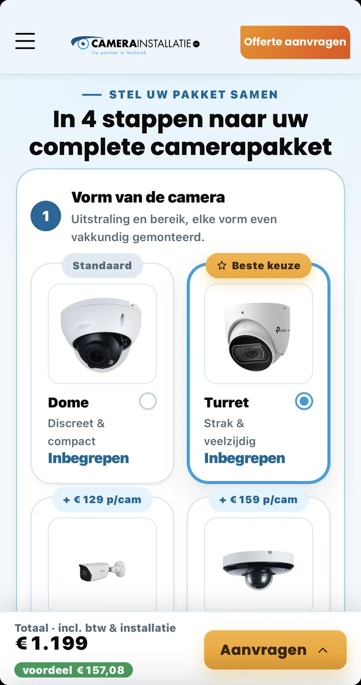 Schermafdruk waarin een klant een camerapakket samenstelt