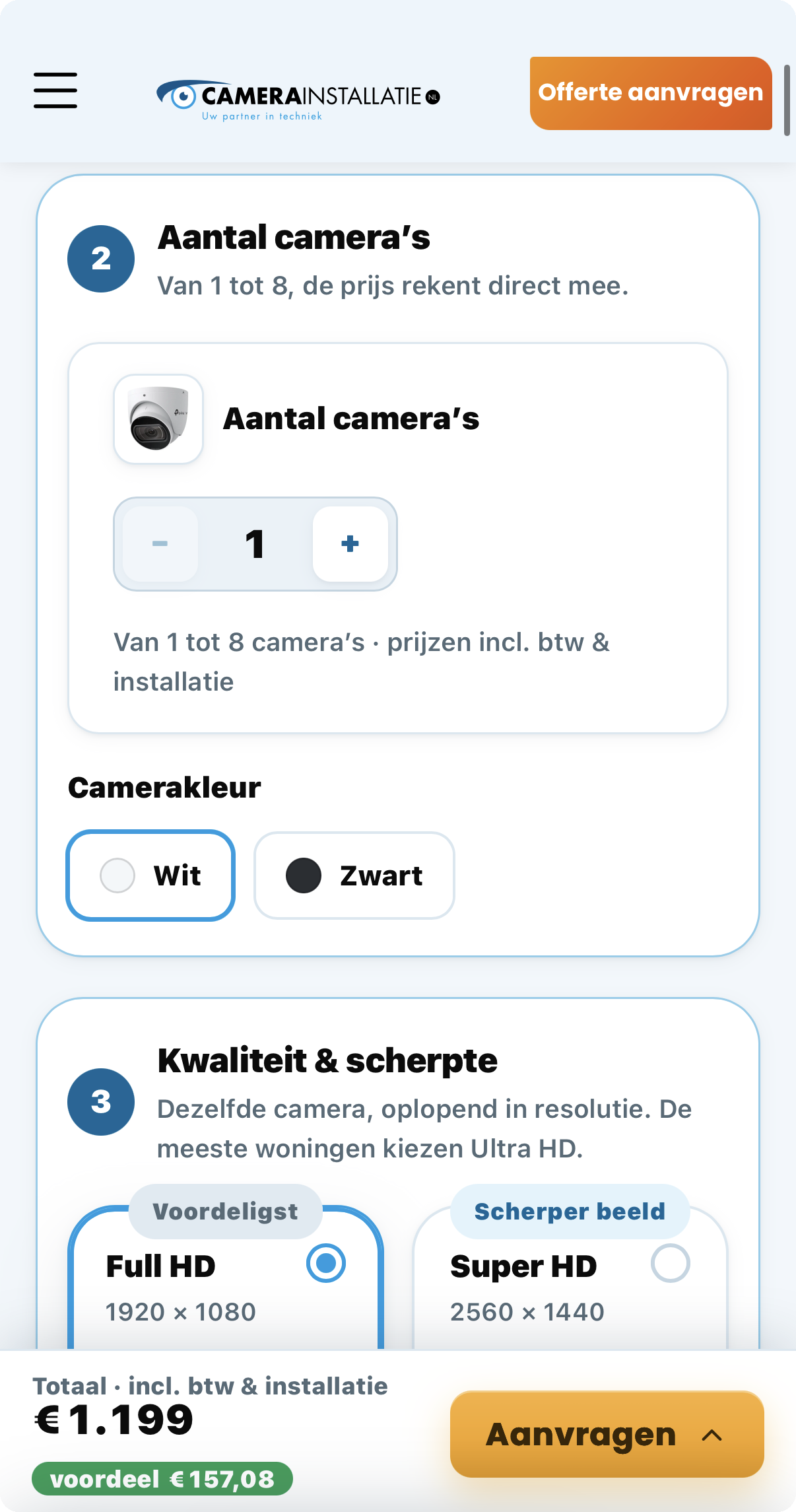 Schermafdruk waarin een klant het aantal camera&rsquo;s kiest
