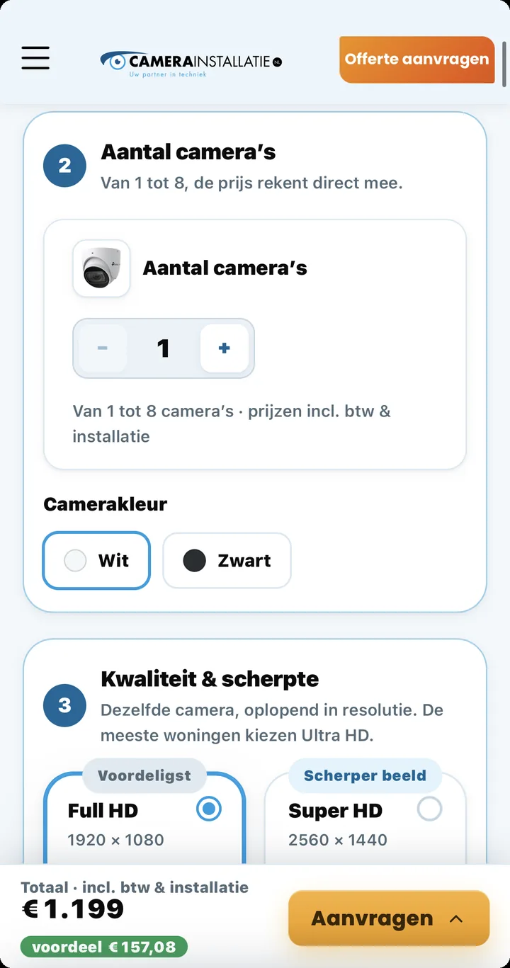 Schermafdruk waarin een klant het aantal camera’s kiest