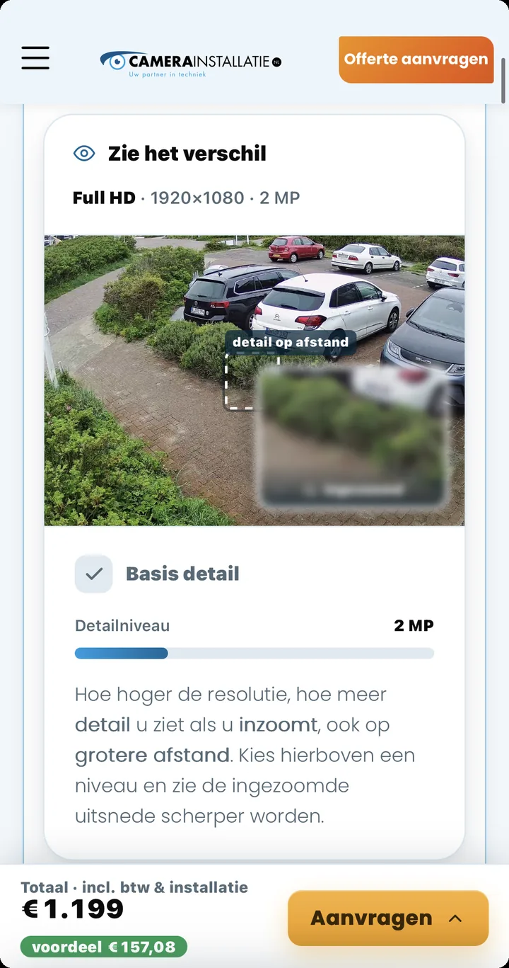 Schermafdruk waarin een klant de scherpte van een camera kiest