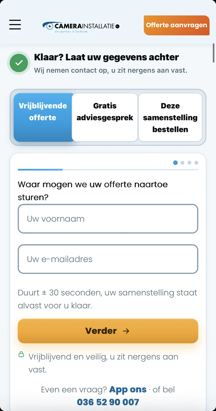 Schermafdruk van de laatste stap waarin de klant zijn gegevens achterlaat