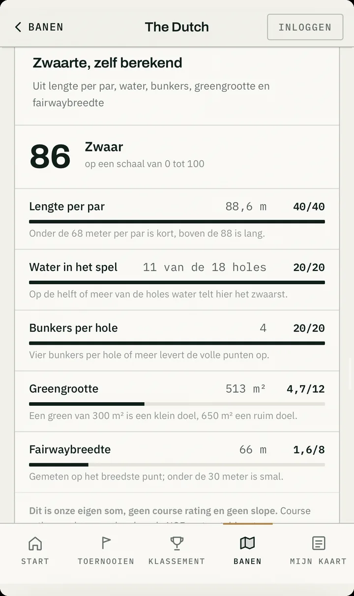 Schermafdruk van de golfapp met de zwaarte van een baan