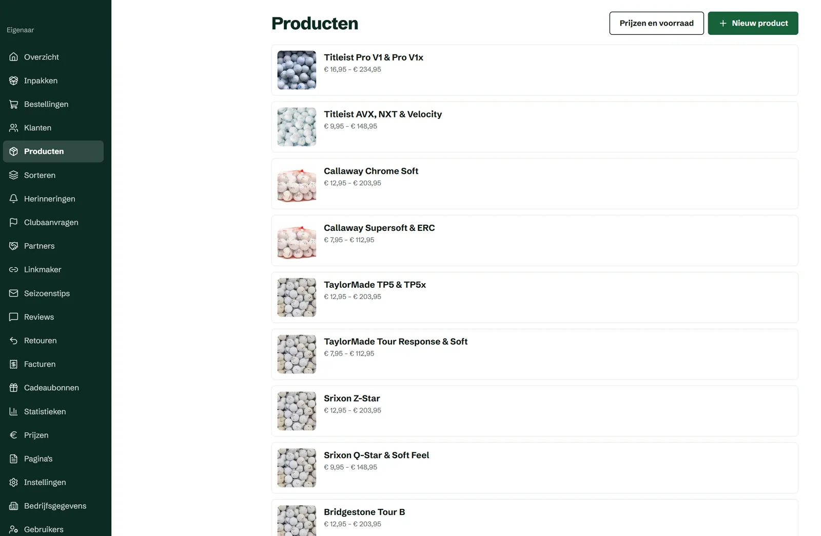 Het beheer achter een webshop in golfballen: links het menu met onder meer bestellingen, retouren en facturen, rechts de lijst met producten en hun prijzen