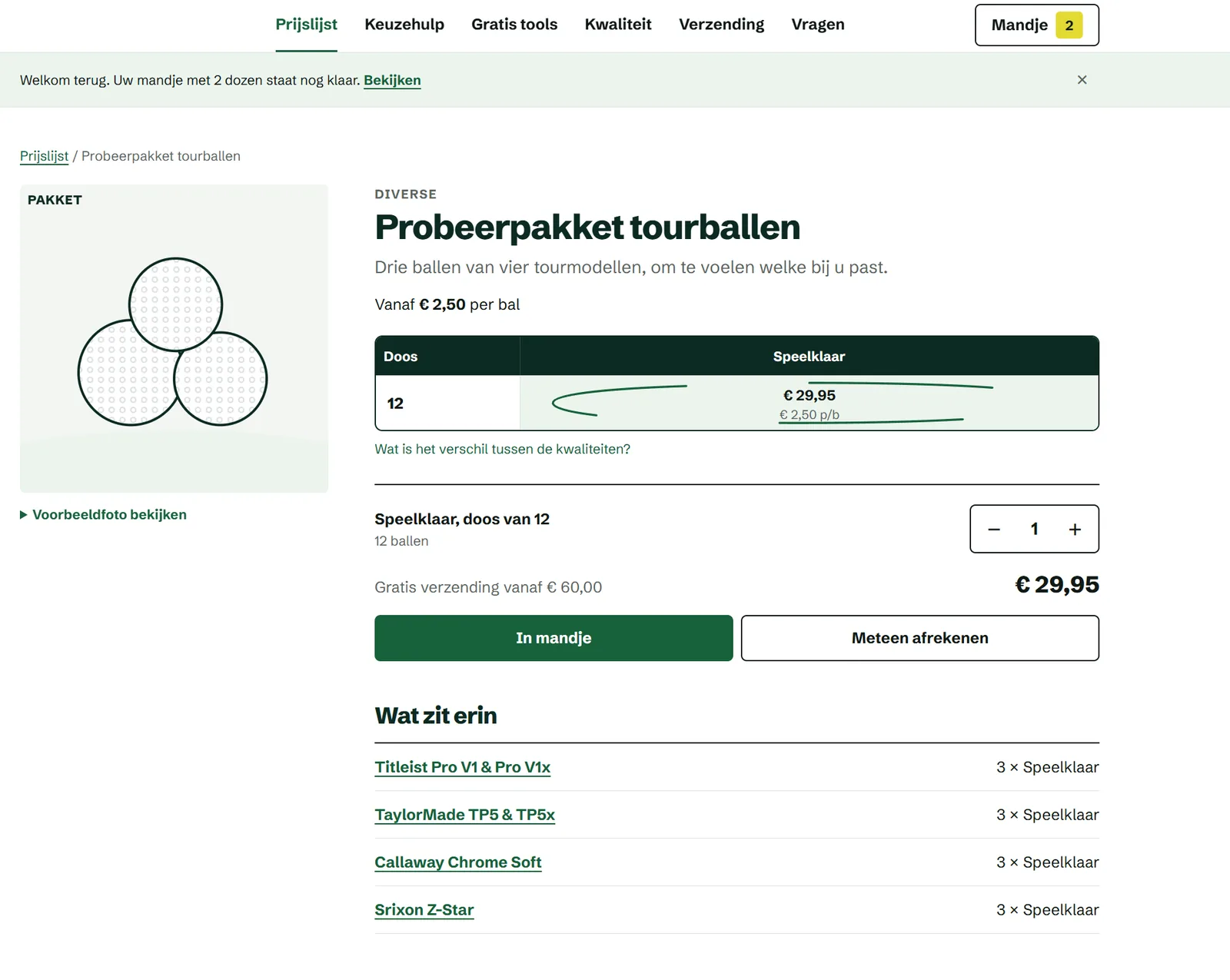 Productpagina van een webshop in golfballen: een probeerpakket tourballen met een prijstabel per doos en de prijs per bal eronder