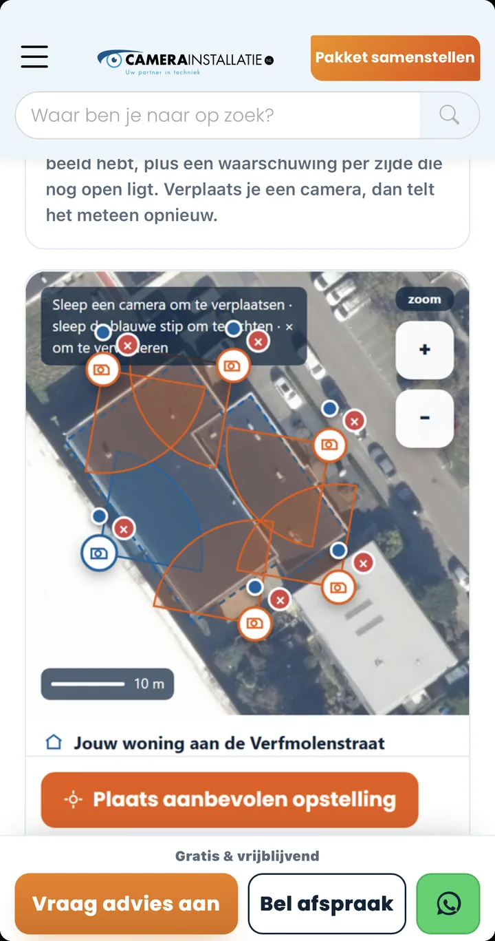 Schermafdruk van de tekentool waarin camera&rsquo;s over een luchtfoto worden gesleept