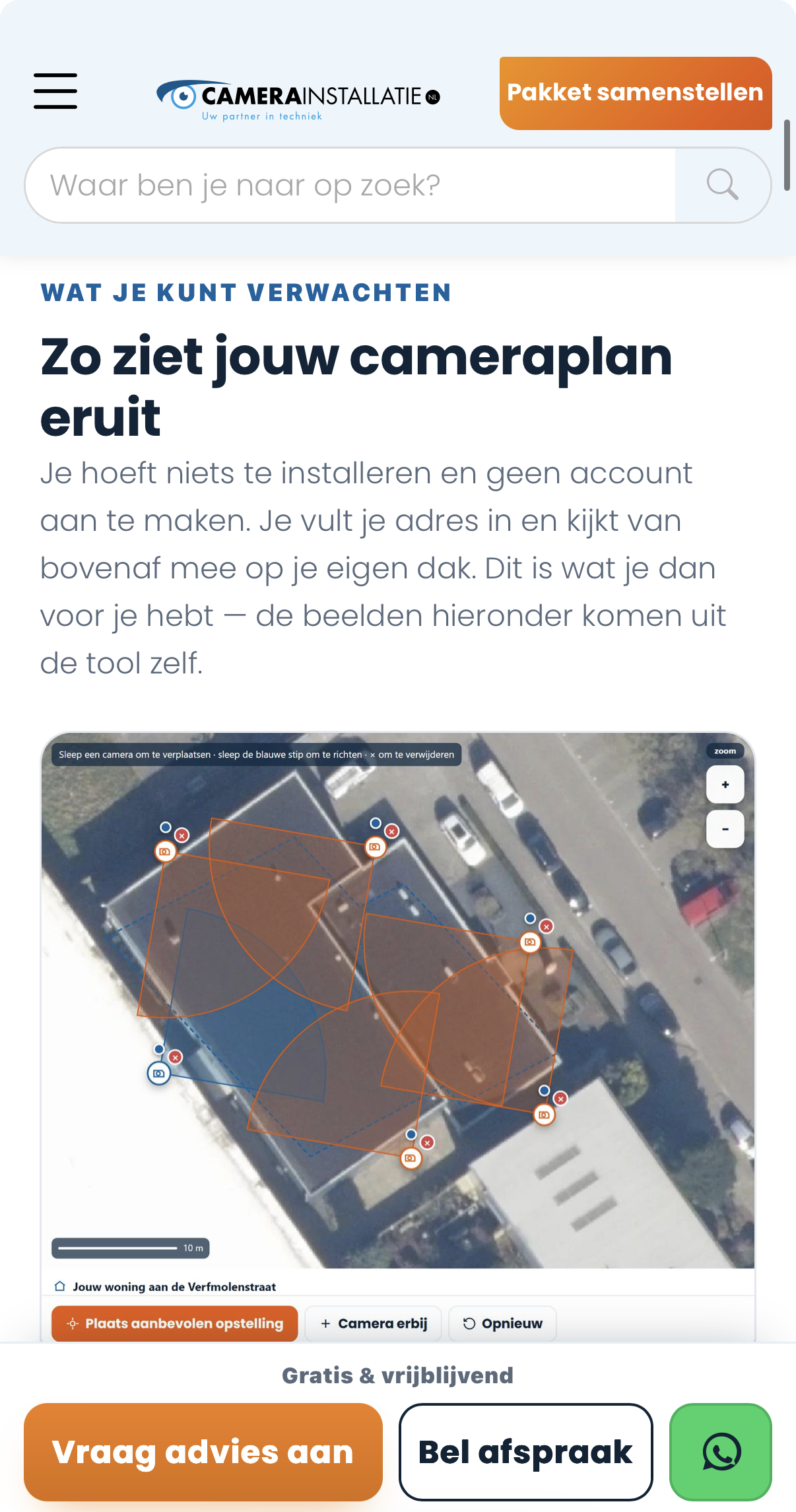 Schermafdruk van een cameraplan dat de klant zelf heeft getekend