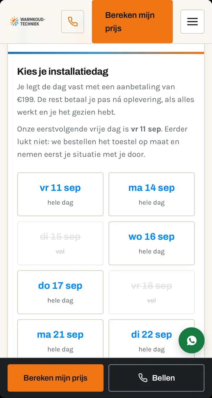 Schermafdruk waarin de klant een installatiedag kiest uit de vrije dagen