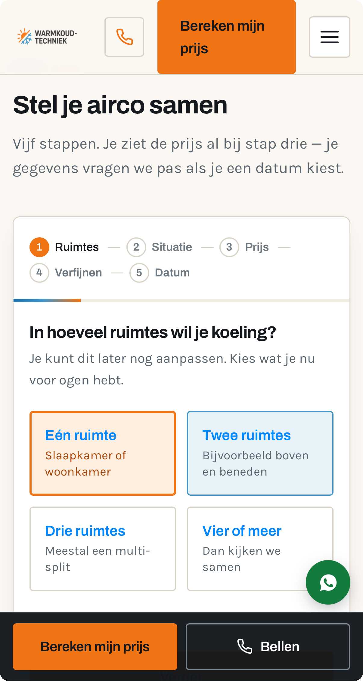 Schermafdruk waarin de klant zijn ruimtes kiest