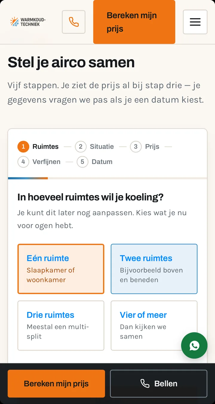 Schermafdruk waarin een klant zijn ruimtes kiest