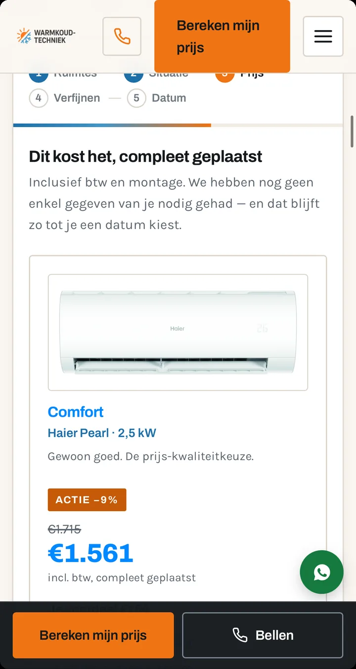 Schermafdruk waarin de klant bij stap drie de prijs ziet